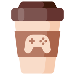 Podcast logo; A to-go coffee cup with a game controller icon on the sleeve.